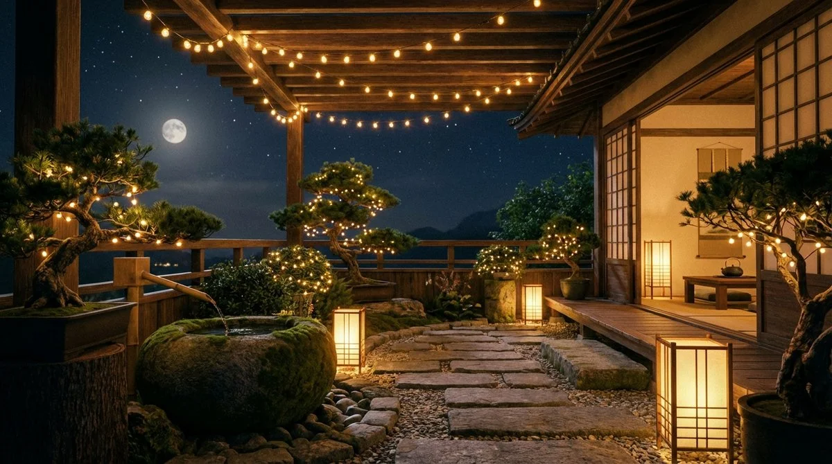 ソーラーストリングライトで照らされた庭